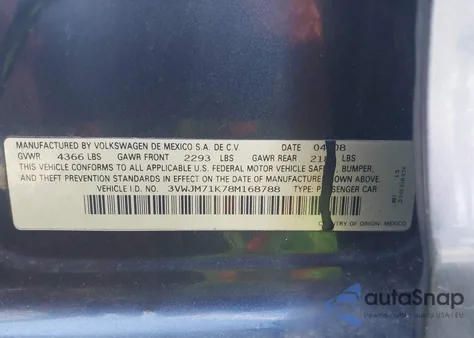 2008 Volkswagen Jetta S из США, поврежденный, VIN 3VWJM71K78M168788